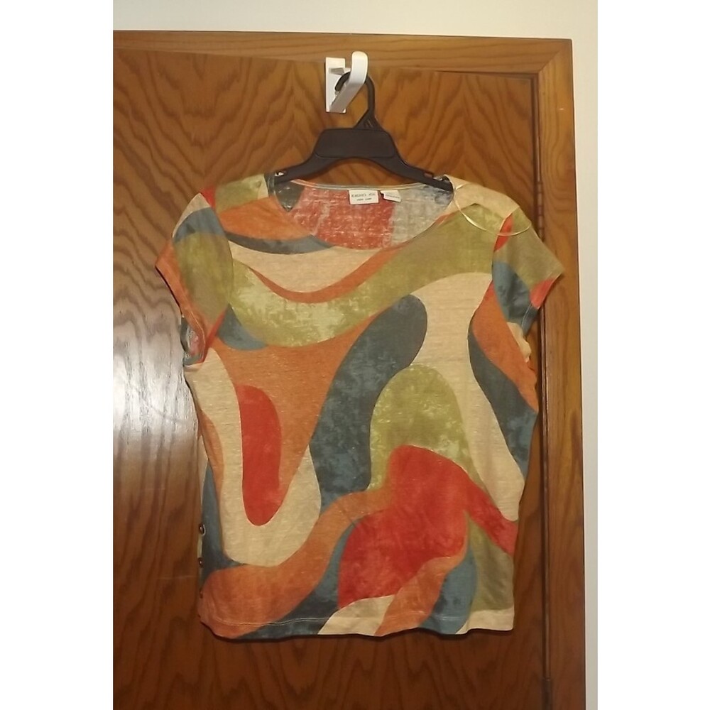 Rachel Zoe Linen Top Womens Large Colorful Print Side Button Short Sleeve